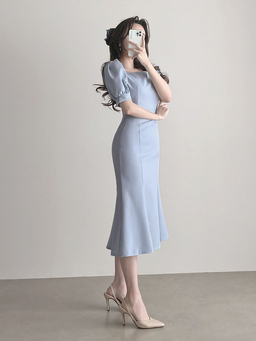 ピース 韓国 ファッション ワンピース ロング ロングワンピース 半袖 スクエアネック パフショル マーメイドワンピース ロング丈 シンプル 体型カバー 夏 秋 冬 Dholic 通販 Paypayモール いいたしま