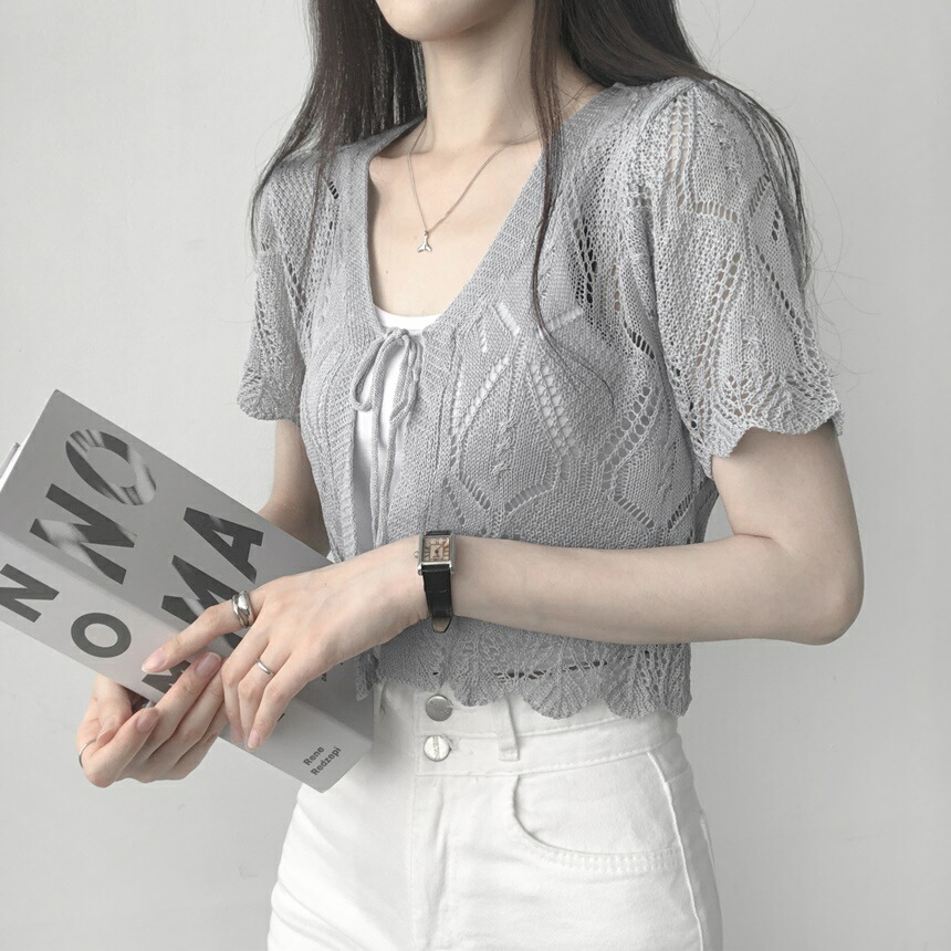 10％OFF 韓国ファッション カーディガン Uネック 半袖 クロップド ショート丈 リブ スリムフィット 細身 コットン混 シンプル 