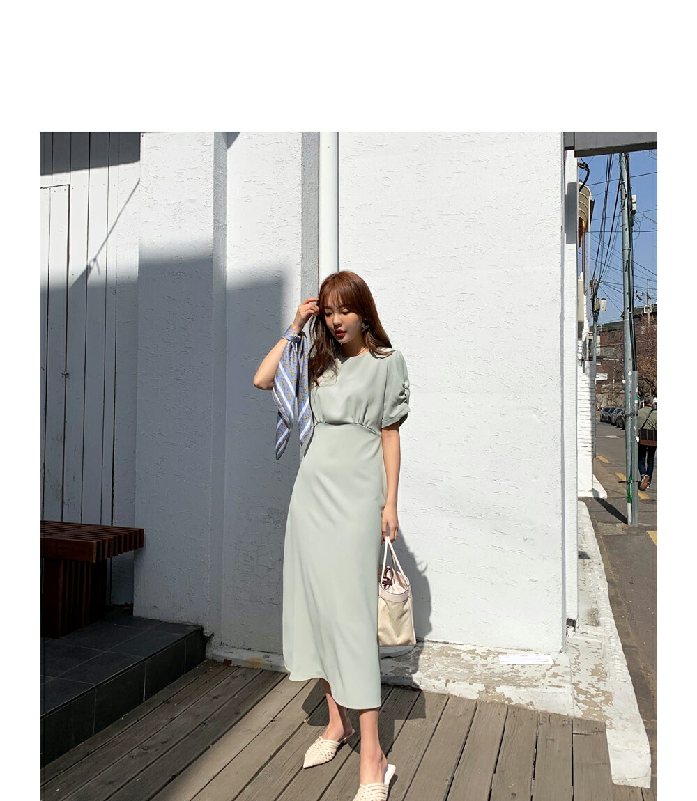 商舗 ワンピース ロング ロング丈 フレア 半袖 パフスリーブ ギャザー リボン ストラップ 無地 大人 夏 秋 春 Ops企画 ロング丈 再販ご予約限定送料無料