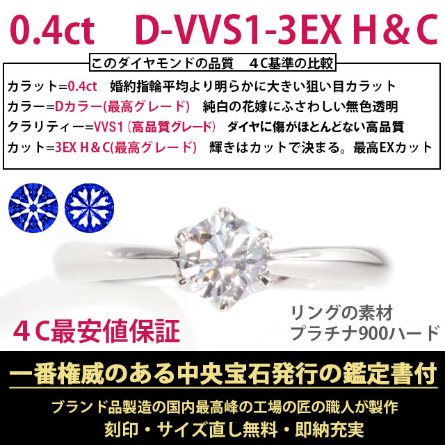 婚約指輪 0.4ct D-VVS1-3EX H&C ティファニー6本爪デザイン エンゲージ 