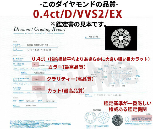 0.4ct 最高品質 Dカラー VVS2 EX ティファニー王道デザイン 婚約
