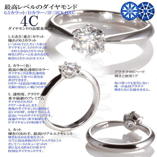 あすつく 婚約指輪 0.5ct Dカラー IF 3EX H&C 一粒ダイヤ 天然