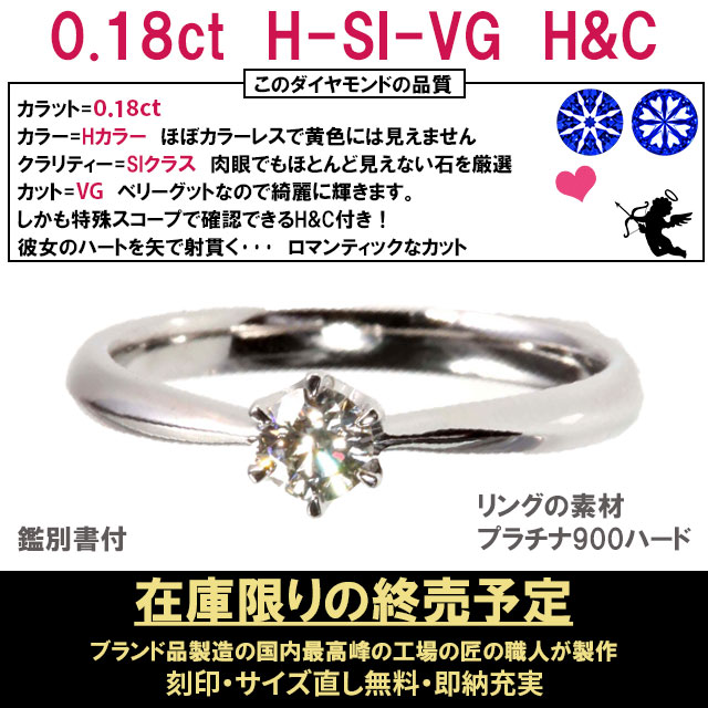 婚約指輪 安い 婚約指輪 ダイヤ 0.18ct H-SI-VG H&C 鑑別付 婚約指輪 普段使い 婚約指輪 ティファニー6本爪デザイン  ダイヤ高騰の為在庫限り