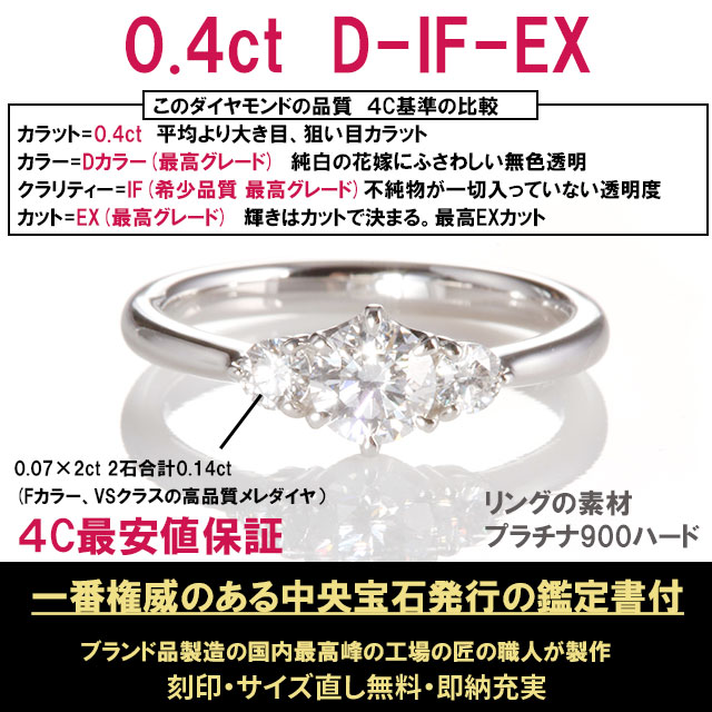 0.4ct D IF EX ティファニー6本爪サイドダイヤ付きデザイン 鑑定書付き 