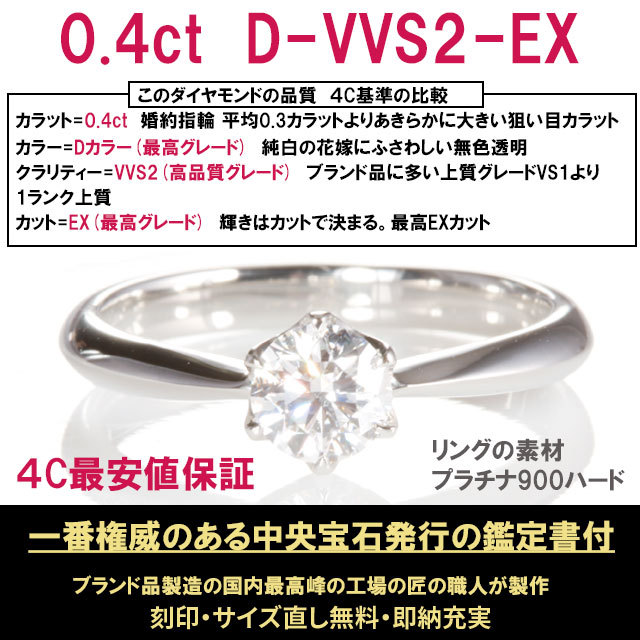 婚約指輪 安い プラチナ ダイヤモンド 0.4カラット 鑑定書付 0.45ct D