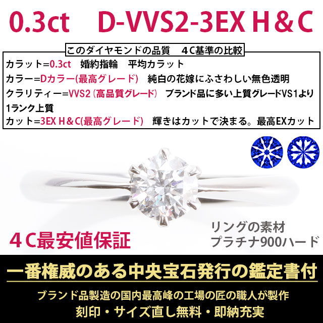 婚約指輪 ダイヤ 0.3ct D-VVS2-3EX H&C 一粒石デザイン 鑑定書付 婚約