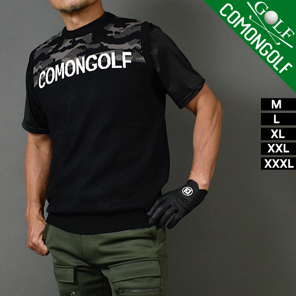 新品コモンゴルフ クルーネック 迷彩 切替 ニットベスト