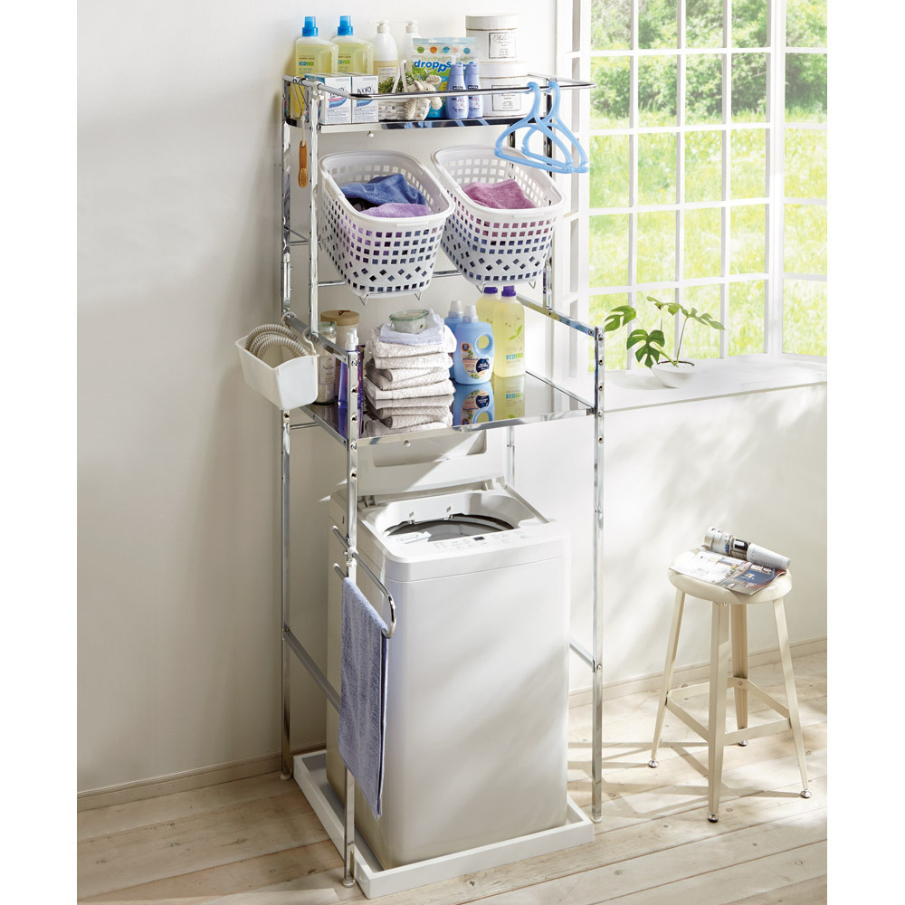 正規激安 インテリア雑貨 日用品 洗濯用品 アイロン 洗濯機ラック 奥行たっぷり ステンレス棚の洗濯機ラック 棚2段 洗濯バスケット2個 幅70 cm 5514 Web限定 Www Thedailyspud Com
