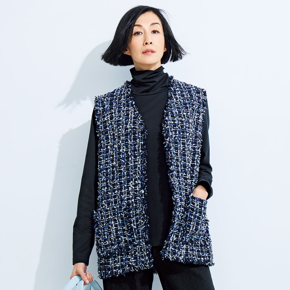 美品✨ADORE ファンシーツイードベスト ジレ フリンジ　ブルー　38 dinos（ディノス） ファンシーツイード ジレ ジャケット ベスト ジレ