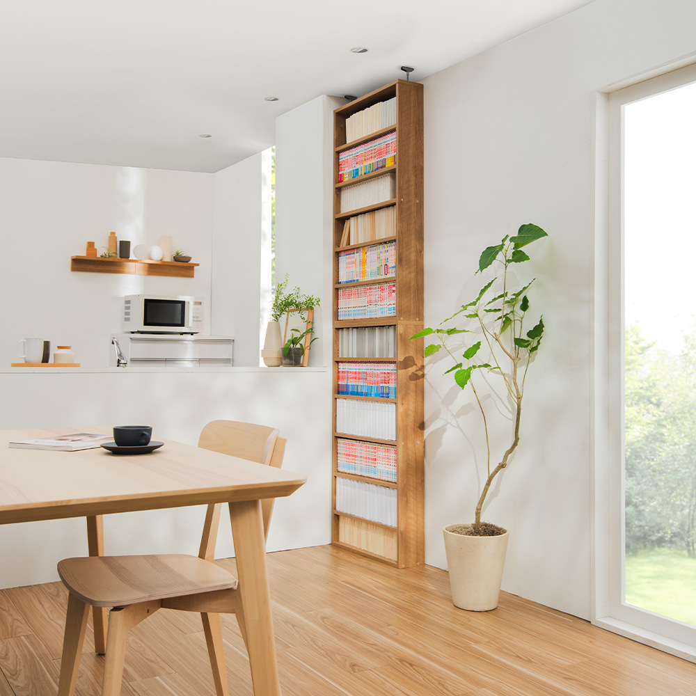 dinos 棚板頑丈薄型書棚突っ張りタイプ本体高さ232.5cm幅118cm 脚元安定1cmピッチ棚板頑丈薄型書棚 突っ張りタイプ本体高さ232.5cm