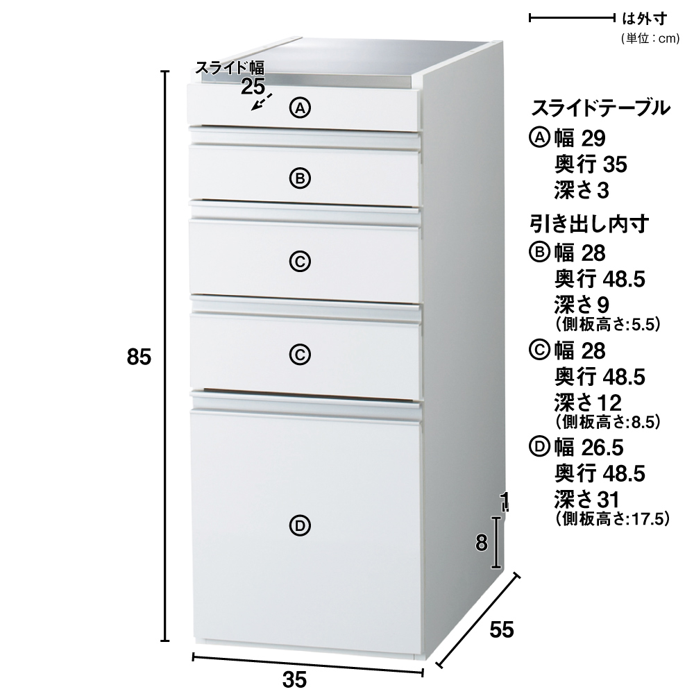 dinos（ディノス） ［幅35奥行55高さ85cm］ダブルステンレス天板隙間