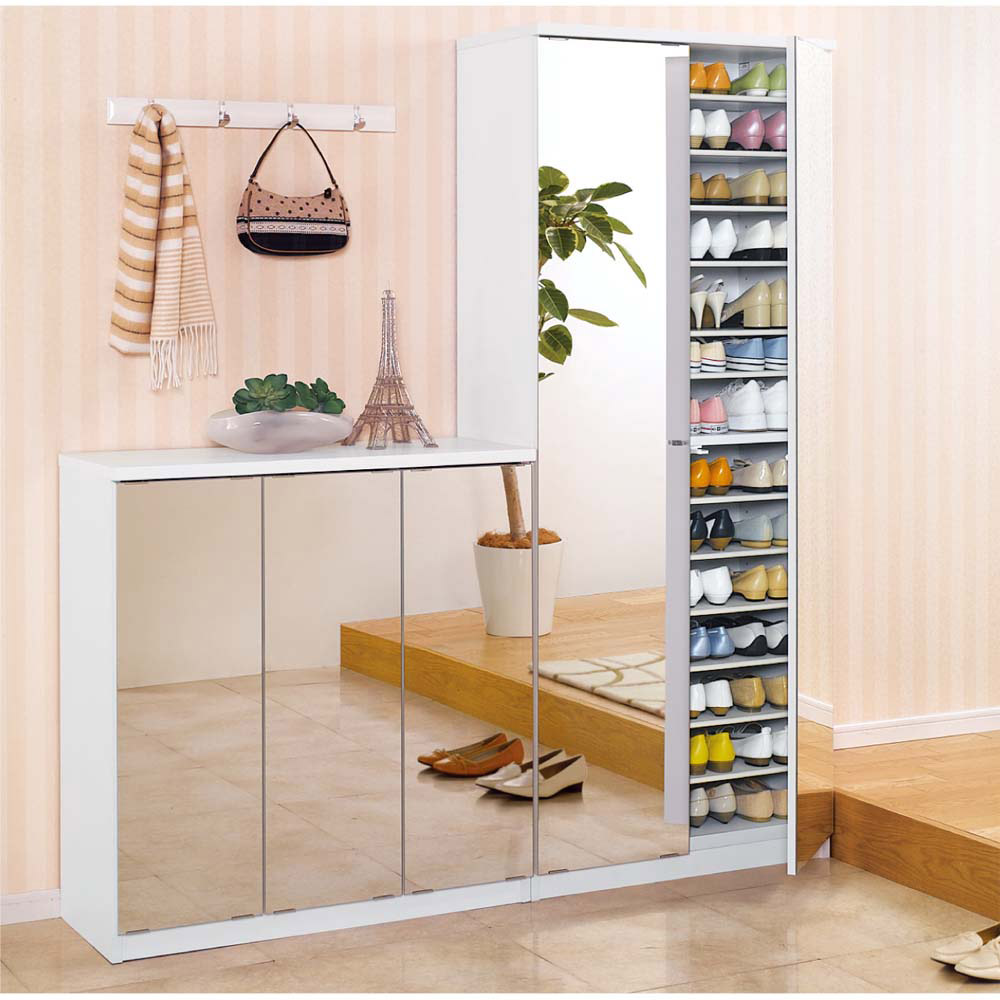 dinosディノス　ホワイト ミラー扉　下駄箱　シューズラック dinos（ディノス） 前面ミラー＆板戸シューズボックス ミドルタイプ