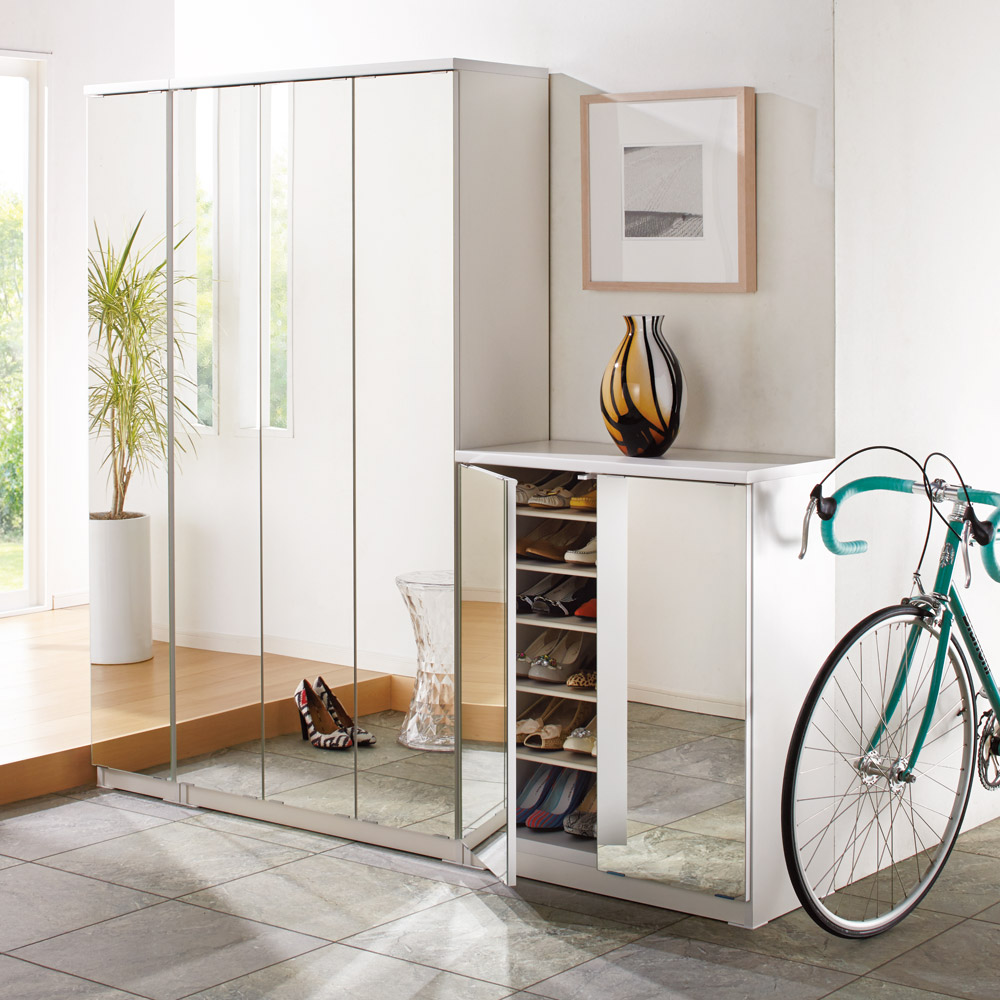 大型　ミラー付きホワイトシューズラック 幅119.5cm 高さ180cm 大容量 dinos（ディノス） 前面ミラー＆板戸シューズボックス ハイタイプ・幅