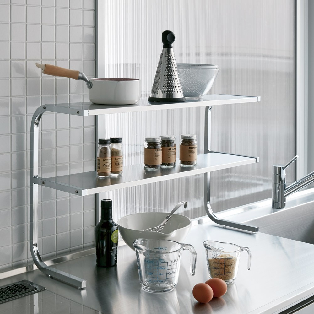 ショッピング店 ディノス 2段 2段 キッチン収納 伸縮式ステンレス棚どこでもサポートラック