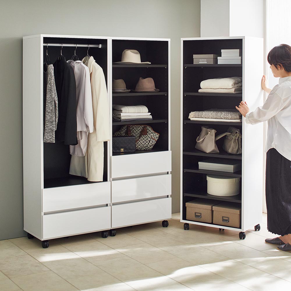 ミラー ワードローブ ≪幅80m≫Gir/ジアー 移動式クローゼット 棚