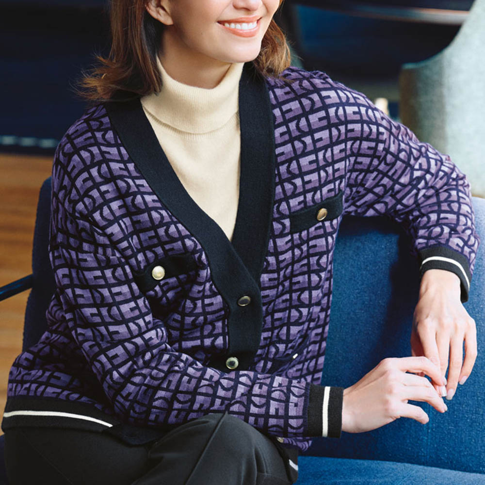 スムース 金ボタン ジャカード ニットカーディガン ファッション