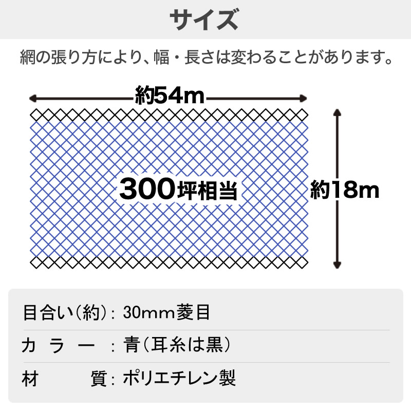 在庫処分　防鳥網 目合30% 幅0.9m 長さ36m　36ケ ダイオ 強力防鳥網 ブルー 30mm目 300坪 18mx54m 1000D 農園芸用 糸が