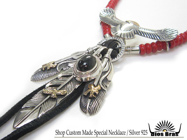 イーグル フェザーネックレス シルバー925 チョーカー 革紐ビーズ