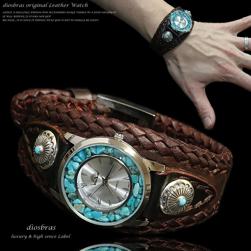 腕時計 メンズ ターコイズ オニキス 時計 レザーブレス ウォッチ 本革 レザー ベルト牛革 シルバー925 コンチョ