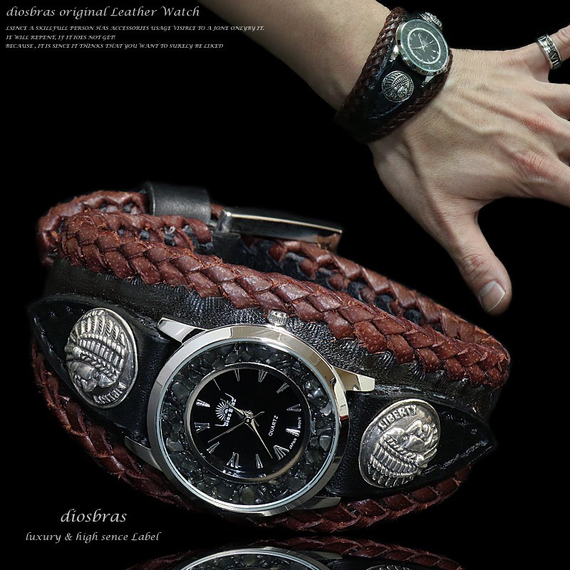 腕時計 メンズ ターコイズ オニキス 時計 レザーブレス ウォッチ 本革 レザー バイカー シルバー925 コンチョ