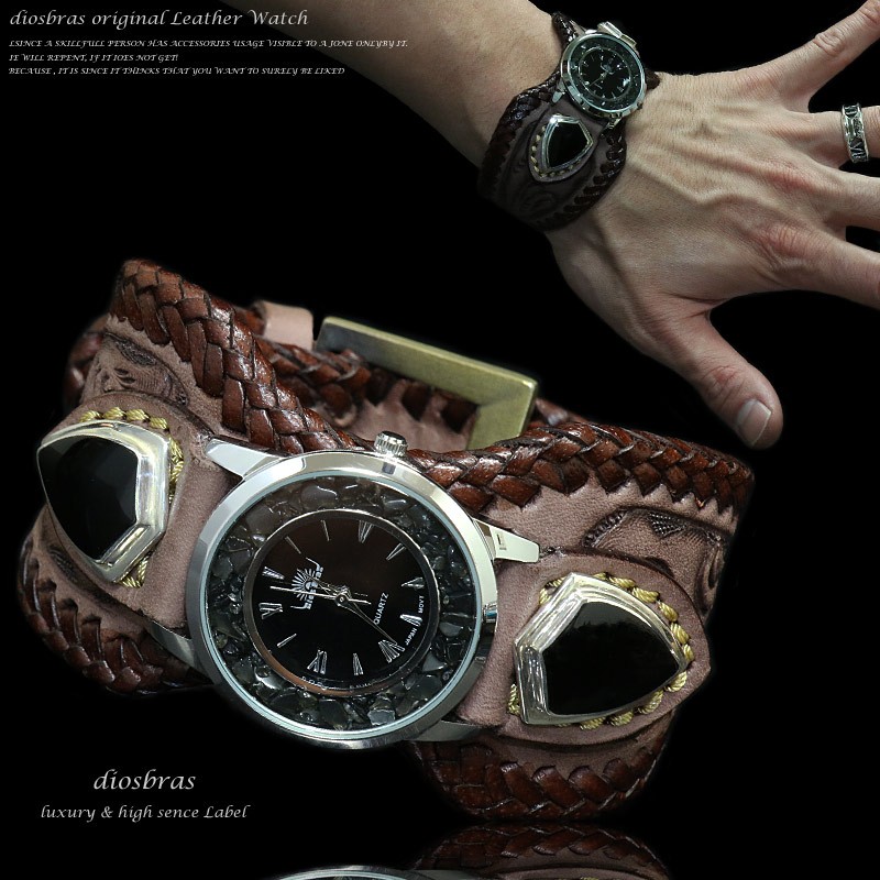 腕時計 メンズ ターコイズ オニキス 時計 レザーブレス ウォッチ カービング バイカー シルバー925 コンチョ