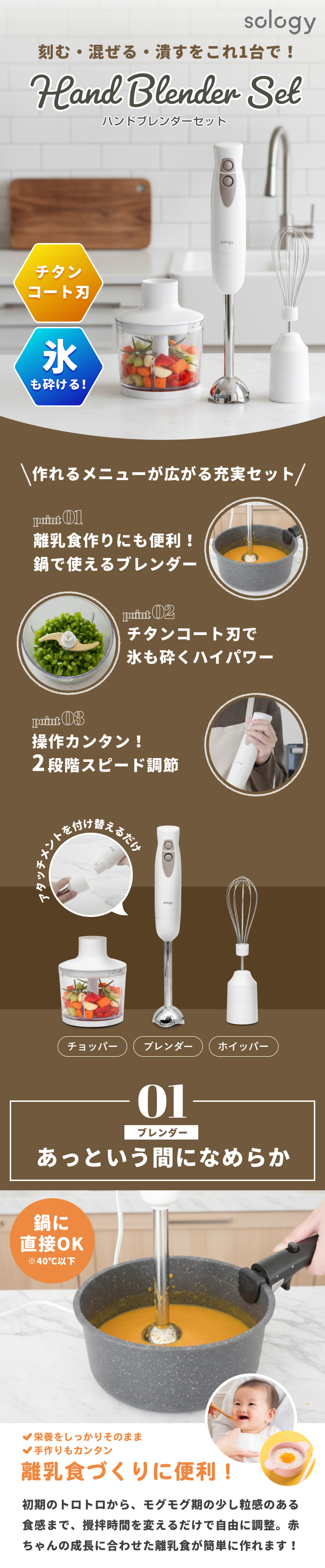 ハンドブレンダーセット 氷も砕ける チタンコート フードプロセッサー