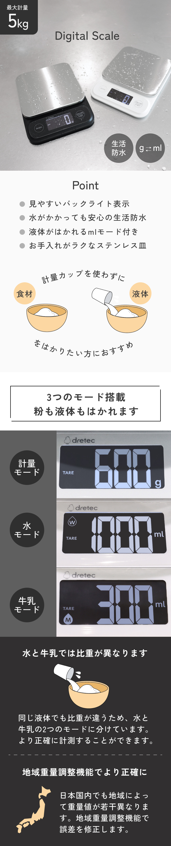 ドリテック キッチンスケール 5kg 防水 ステンレス バックライト