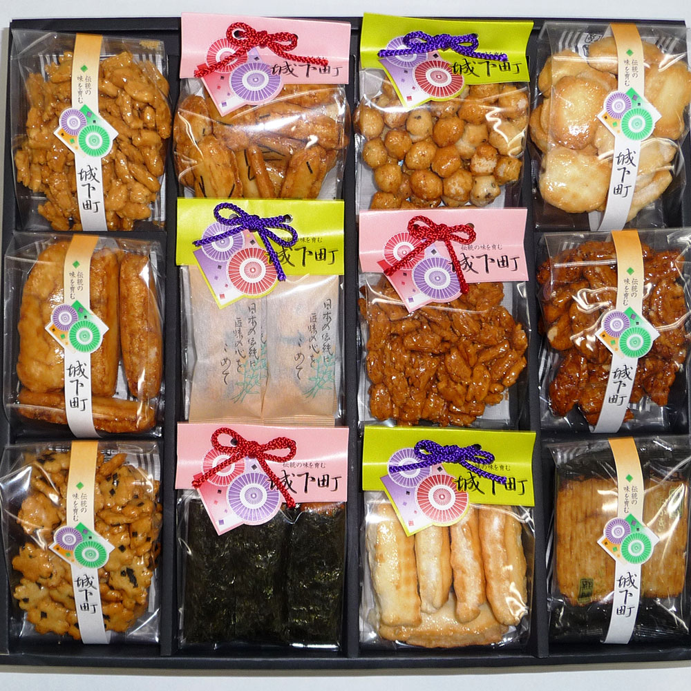 七越製菓 城下町 12袋 おかき あられ 詰め合わせ ギフト 和菓子 高級 せんべい 煎餅 国産 もち米 個包装 菓子折り 贈答用
