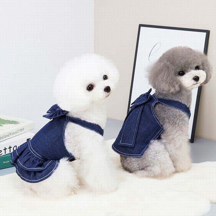 犬服 ハーネス一体型 リボンデニムワンピース（小型犬 中型犬用