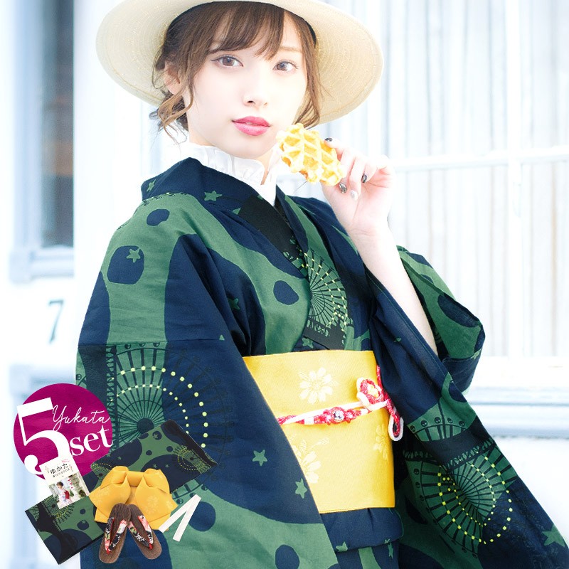 浴衣 新作 京都本格 女性浴衣5点フルセット(ゆかた 作り帯 下駄 着付 ...