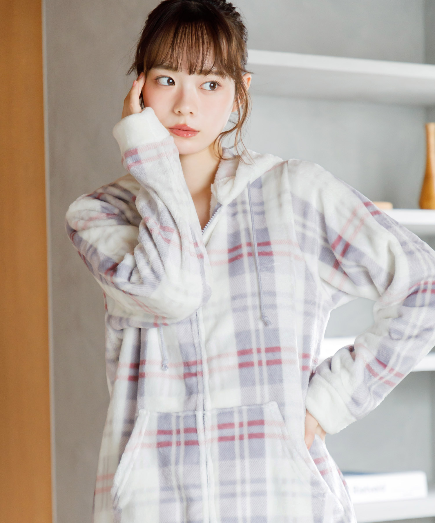 パジャマ レディース 前開き ルームウェア 羽織 入院 パーカー 冬 セットアップ 上下 長袖 ズボン 秋 暖かい ゆったり チェック柄 ピンク 白 グレー 2025年 | Dita | 02