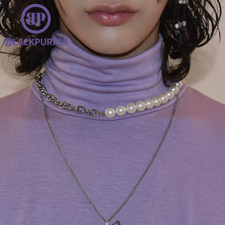 ブラックパープル ネックレス BLACKPURPLE 正規販売店 HALF PEARL & CHAIN NECKLACE ハーフ パール チェーンネックレス Silver シルバー HI012N ACC