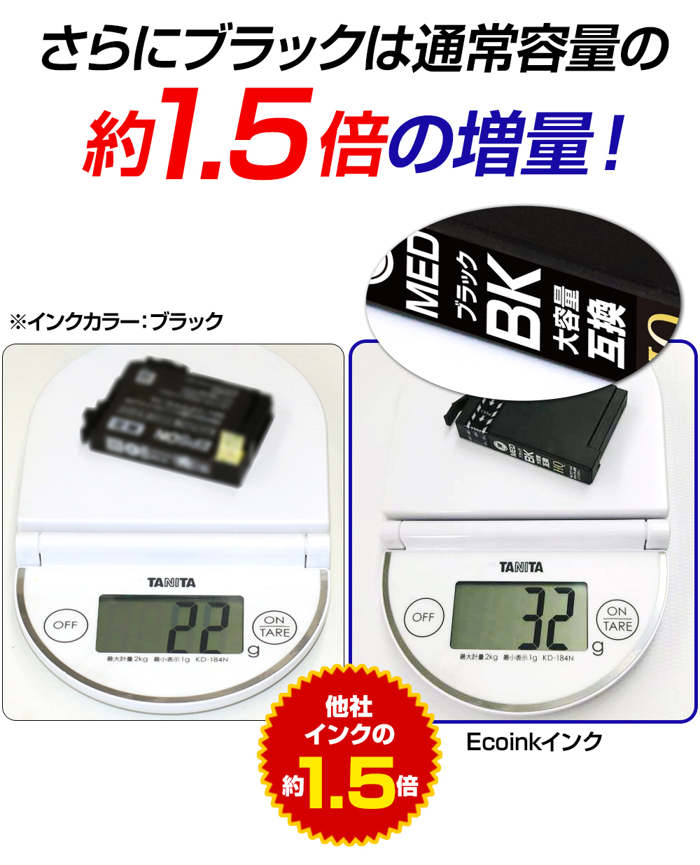 ブラックの容量は　通常容量の約1.5倍
