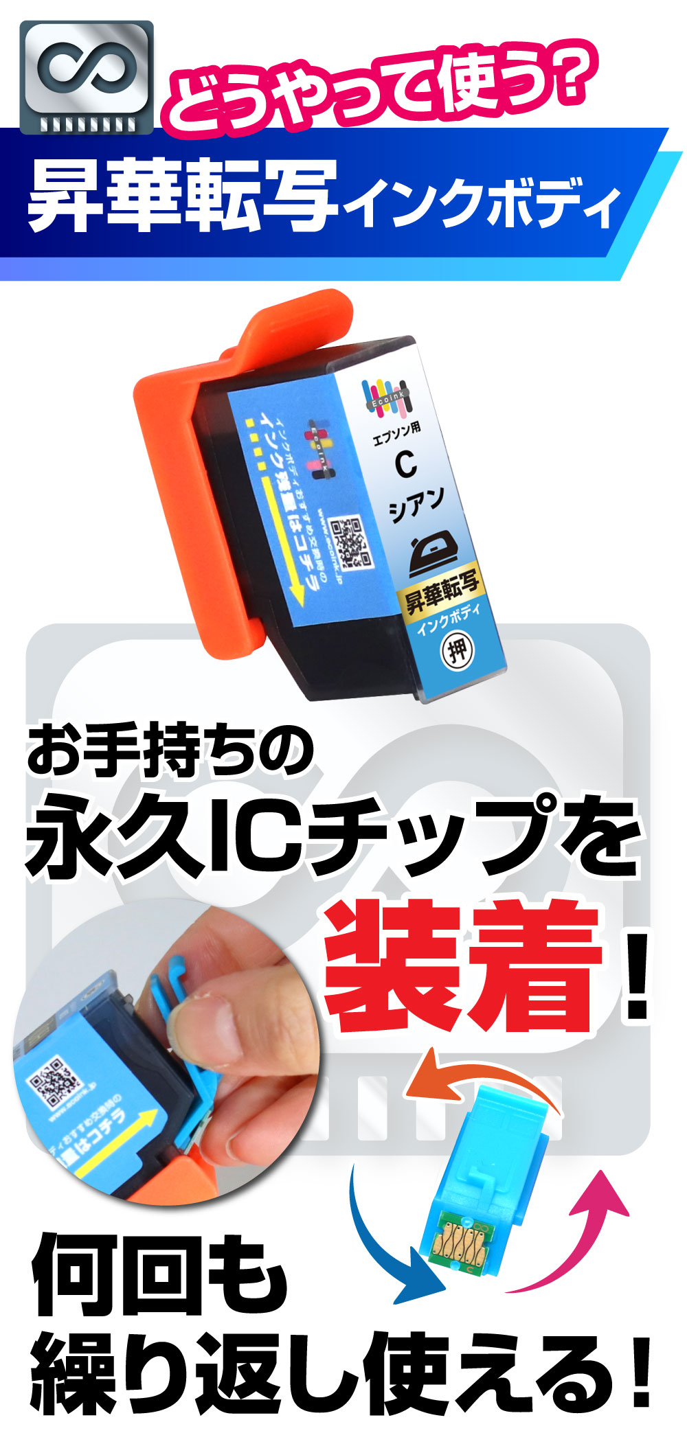エコインク 【永久ICチップ 昇華転写専用 交換用インクボディ シアン×1
