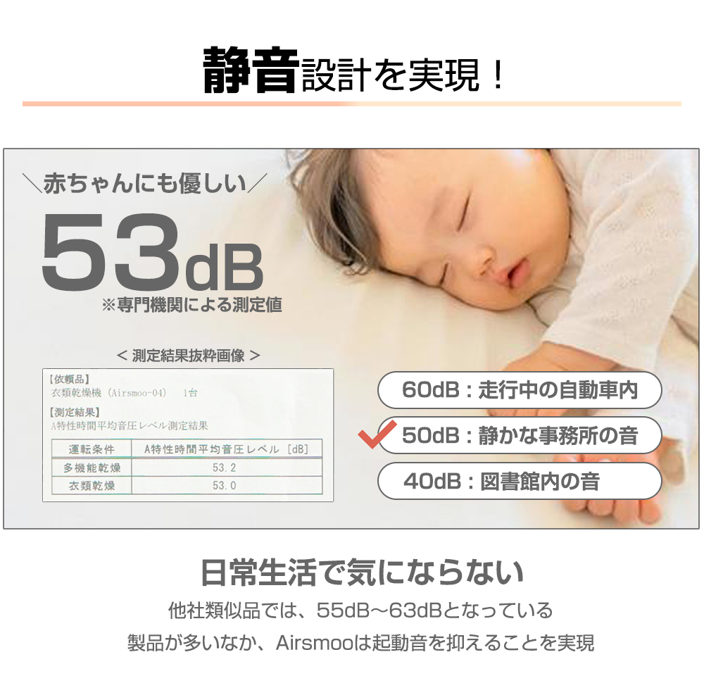 ふとん乾燥機 布団乾燥機 静音設計 静かな事務所の中レベル 53dB 赤ちゃんにも優しい 専門機関測定値