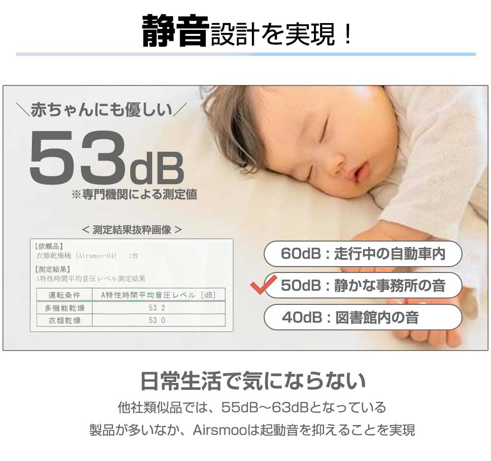静音設計 赤ちゃんにも優しい 静かな起動音 専門機関での測定結果53dB