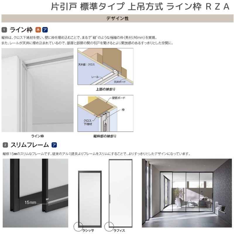 室内引戸 片引戸 標準タイプ 上吊方式 ライン枠 RZA ラフィス アルミガラス 1624 リクシル LIXIL Raffis 建具 リフォーム