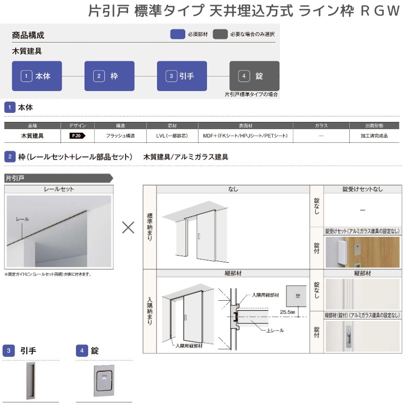 室内引戸 片引戸 標準タイプ 天井埋込方式 ライン枠 RGW ラフィス アクリル系パネル 1324/1624/1824 リクシル LIXIL Raffis 建具 リフォーム