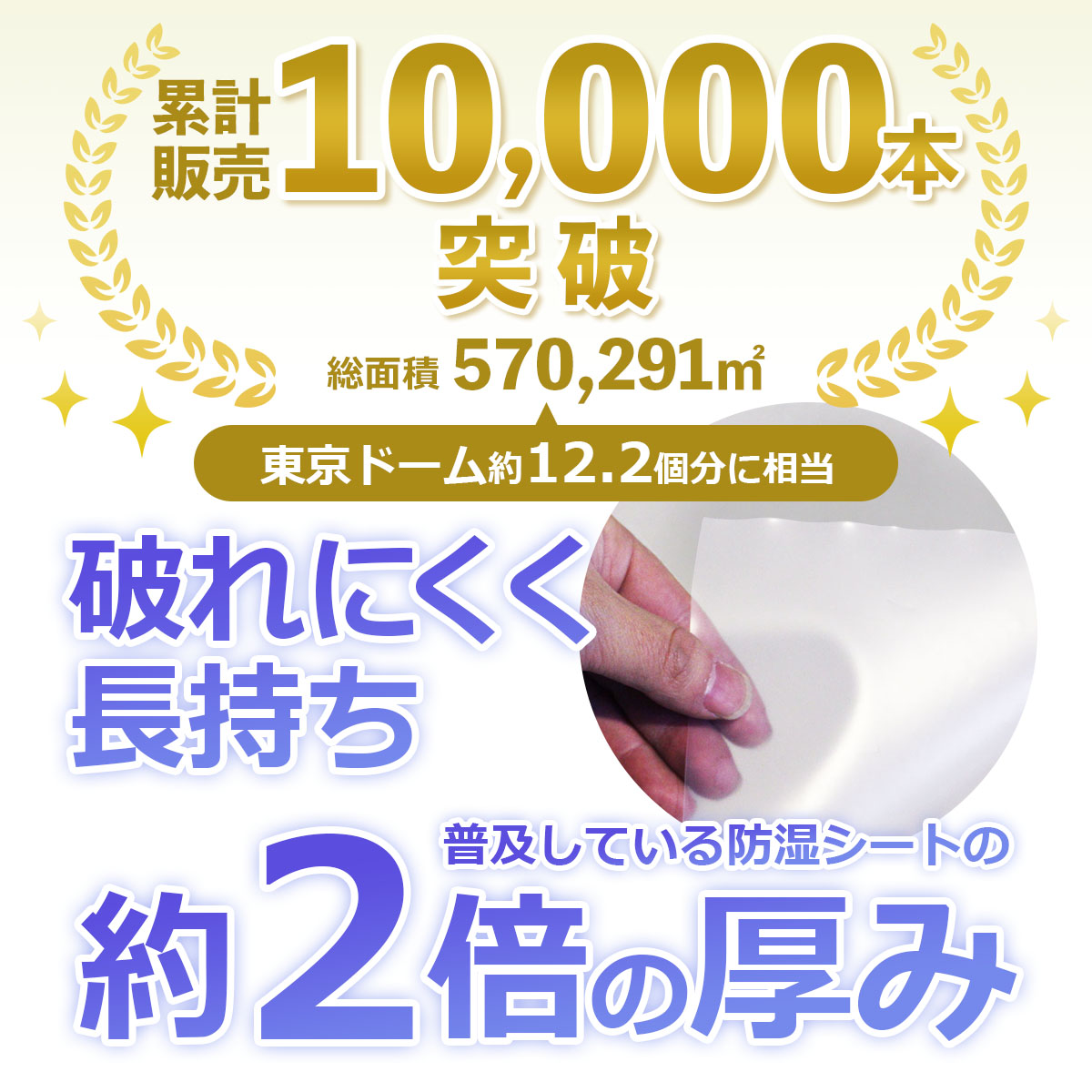 累計販売10000本突破　総面積570291平方メートル　破れにくく長持ち　普及している防湿シートの約２倍の厚み