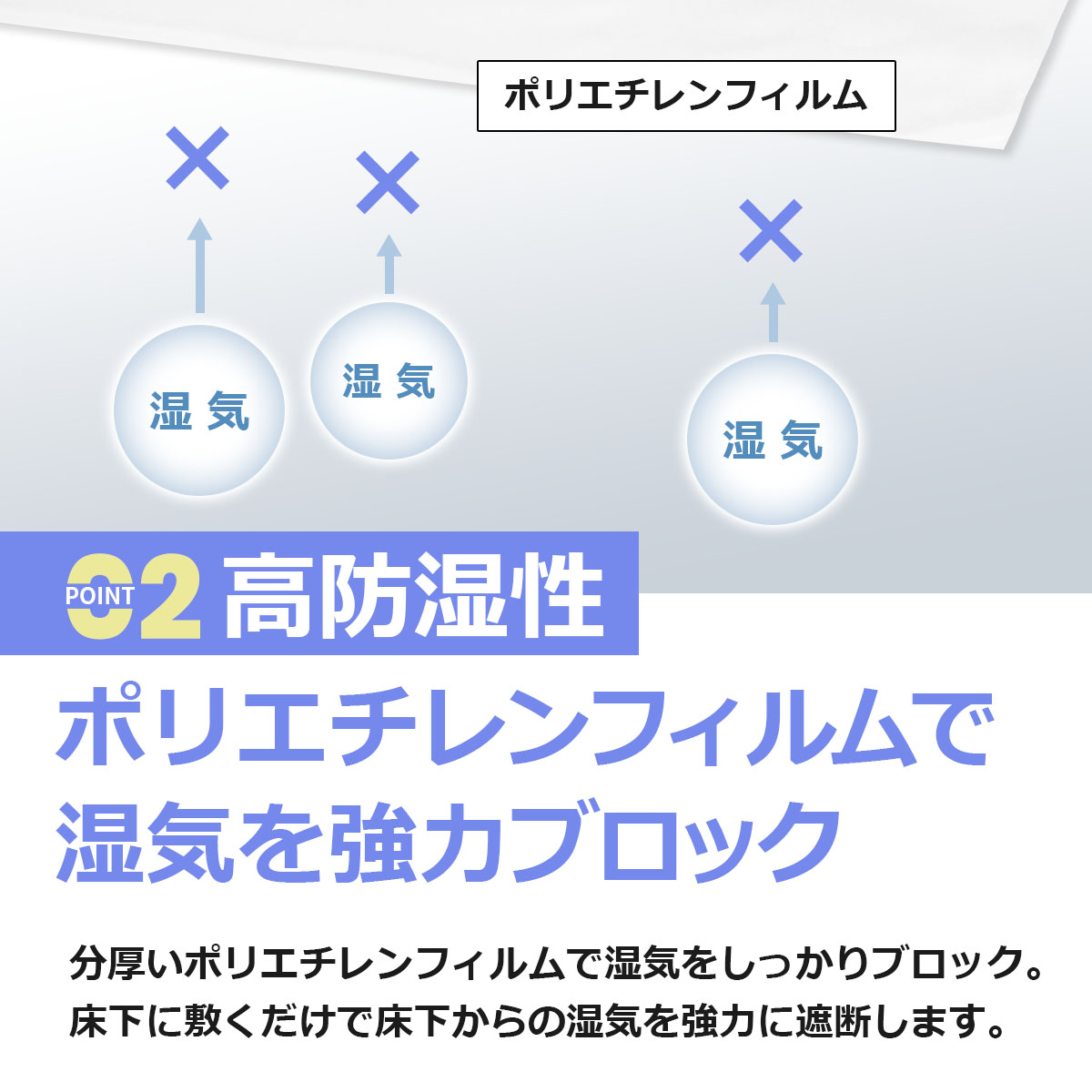 高防湿性　ポリエチレンフィルムで湿気を強力ブロック　分厚いポリエチレンフィルムで湿気をしっかりブロック。床下に敷くだけで床下からの湿気を強力に遮断します