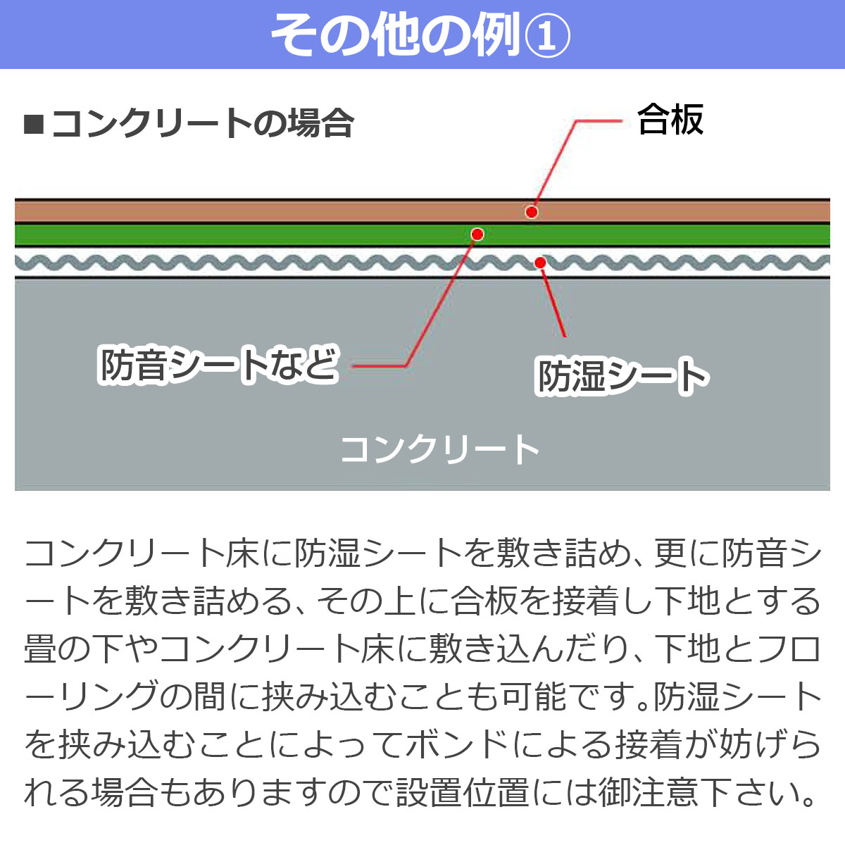 その他の例１ コンクリート床に防湿シートを敷き詰め、更に防音シートを敷き詰める、その上に合板を接着し下地とする畳の下やコンクリート床に敷き込んだり、下地とフローリングの間に挟み込むことも可能です。防湿シートを挟み込むことによってボンドによる接着が妨げられる場合もありますので設置位置には御注意下さい。