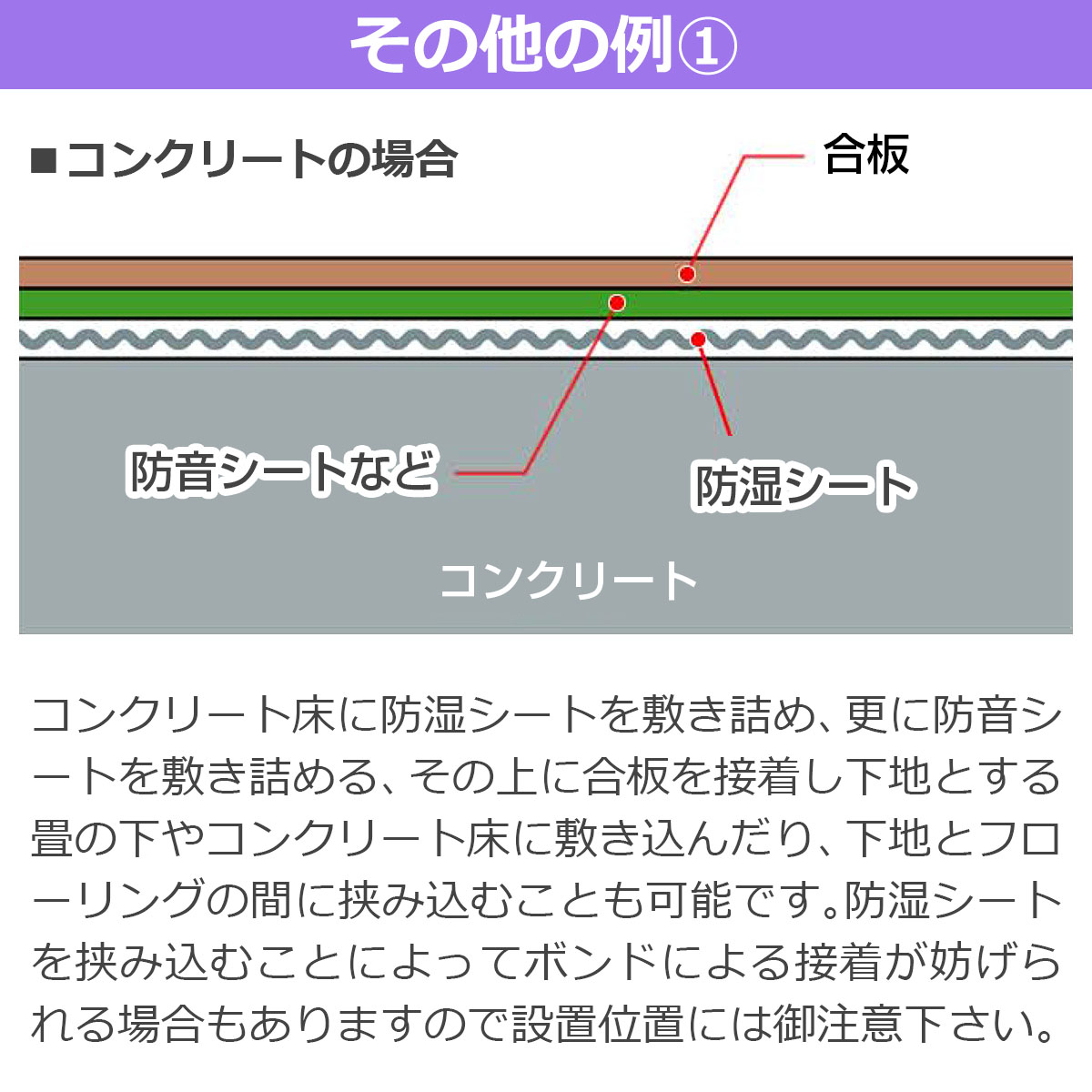 その他の例１ コンクリート床に防湿シートを敷き詰め、更に防音シートを敷き詰める、その上に合板を接着し下地とする畳の下やコンクリート床に敷き込んだり、下地とフローリングの間に挟み込むことも可能です。防湿シートを挟み込むことによってボンドによる接着が妨げられる場合もありますので設置位置には御注意下さい。