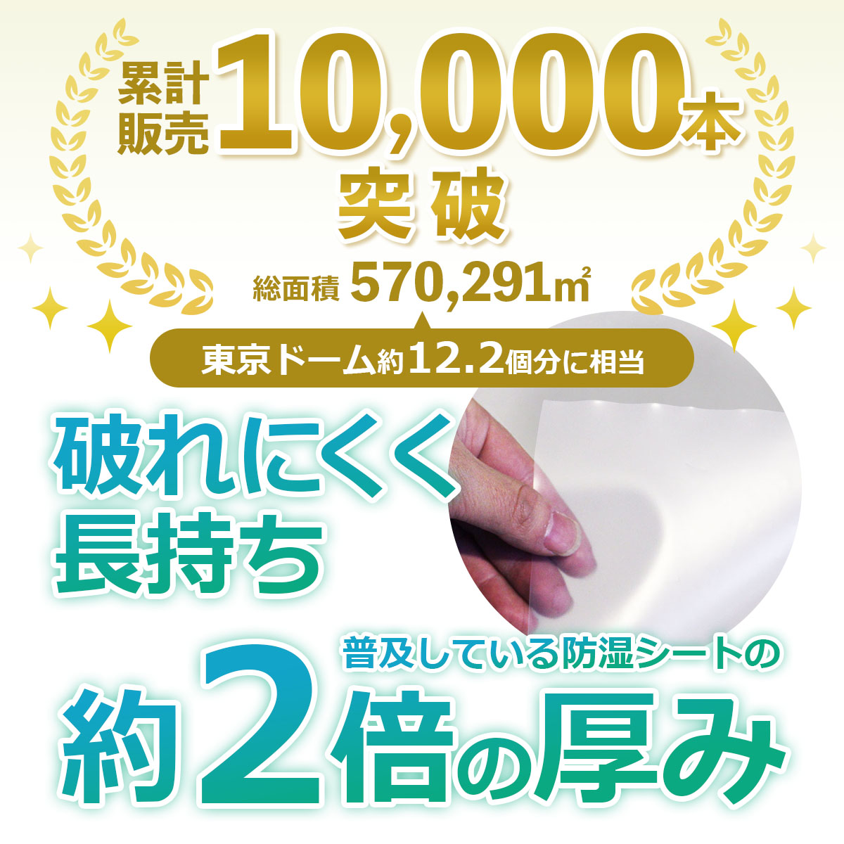 累計販売10000本突破　総面積570291平方メートル　破れにくく長持ち　普及している防湿シートの約２倍の厚み