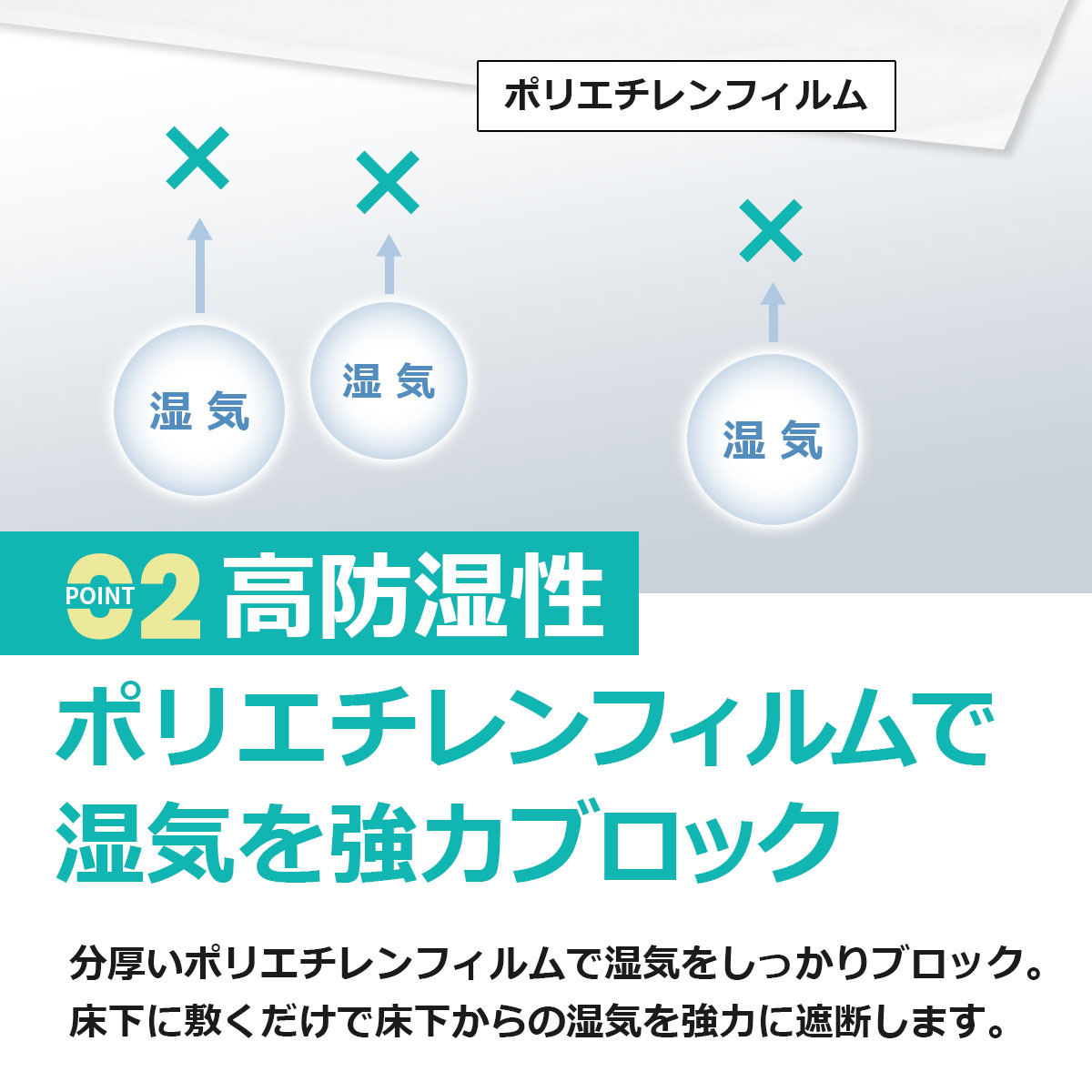 高防湿性　ポリエチレンフィルムで湿気を強力ブロック　分厚いポリエチレンフィルムで湿気をしっかりブロック。床下に敷くだけで床下からの湿気を強力に遮断します