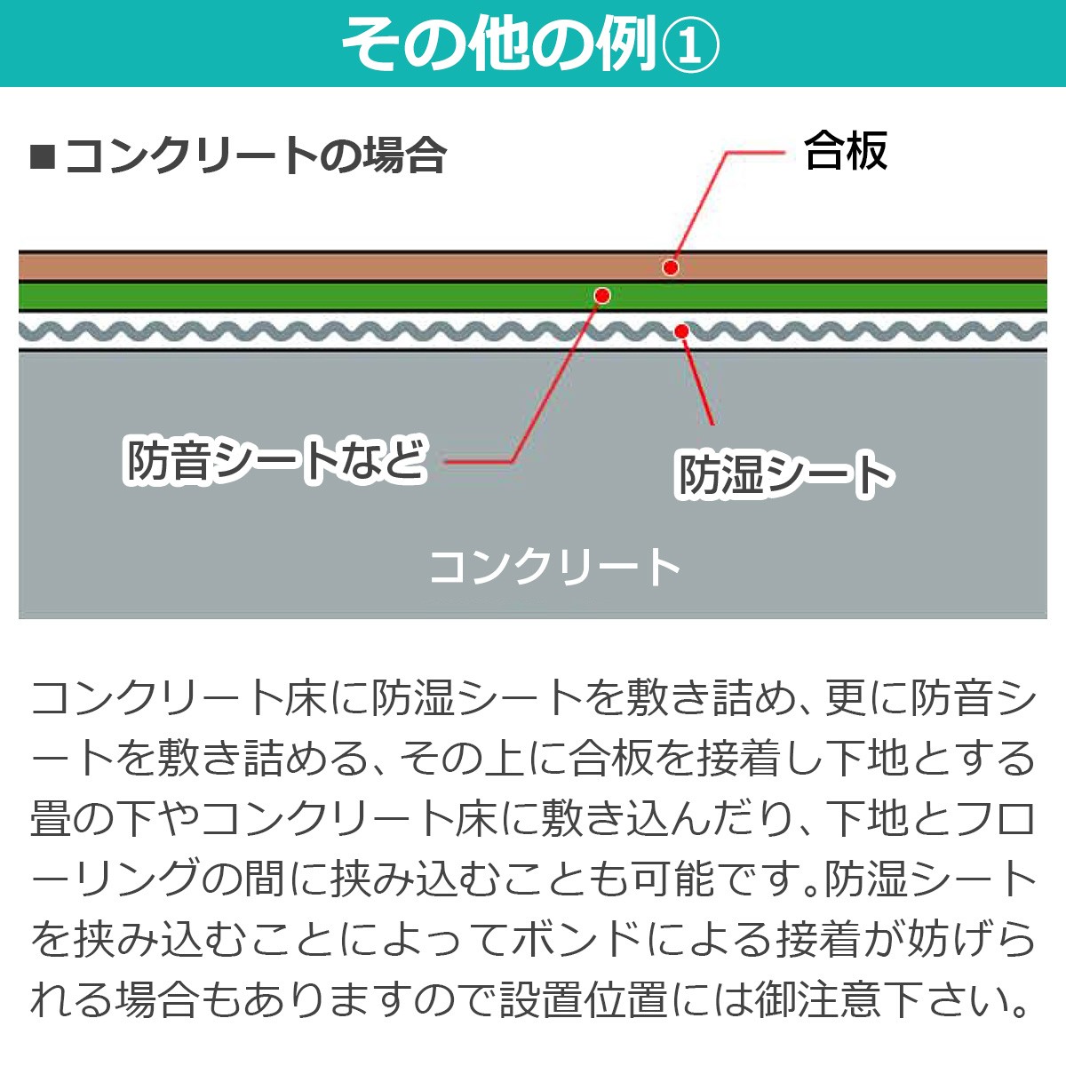 その他の例１ コンクリート床に防湿シートを敷き詰め、更に防音シートを敷き詰める、その上に合板を接着し下地とする畳の下やコンクリート床に敷き込んだり、下地とフローリングの間に挟み込むことも可能です。防湿シートを挟み込むことによってボンドによる接着が妨げられる場合もありますので設置位置には御注意下さい。