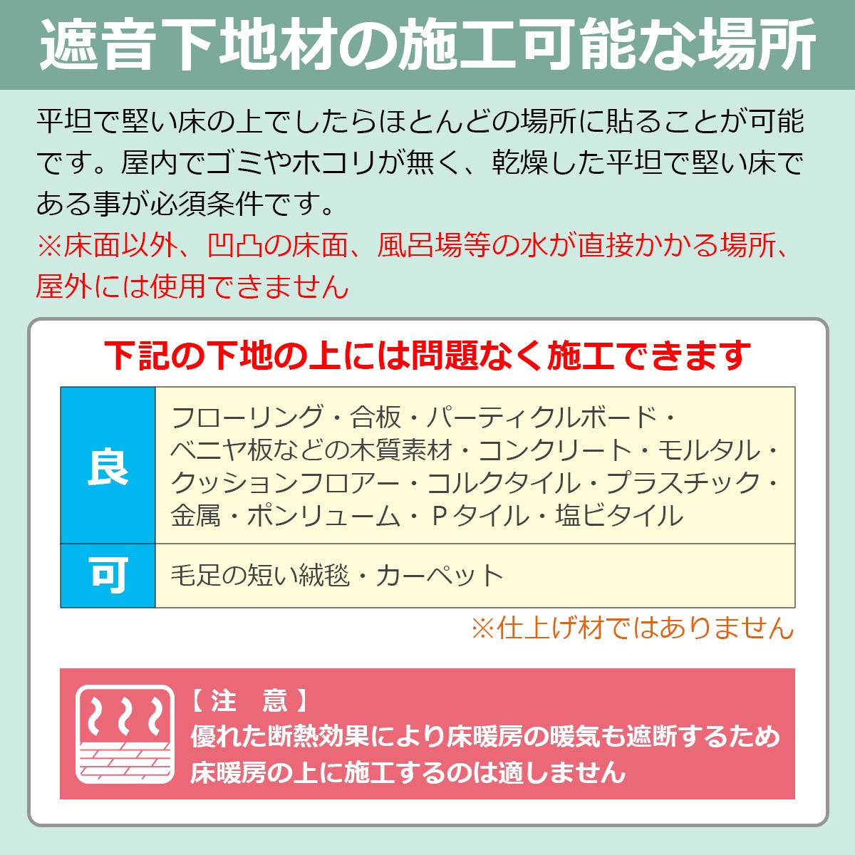 遮音下地材の施工可能な場所　平坦で硬い床の上でしたらほとんどの場所に貼る事が可能です。屋内でゴミやホコリが無く、乾燥した平坦で硬い床である事が必要条件です。※床面以外、凹凸の床面、風呂場等の水が直接かかる場所、屋外には使用できません　下記の下地の上には問題なく施工できます　良…フローリング・合板・パーティクルボード・ベニヤ板などの木質素材・コンクリート・モルタル・クッションフロアー・コルクタイル・プラスチック・金属・ポンリューム・Ｐタイル・塩ビタイル　可…毛足の短い絨毯・カーペット　※仕上げ材ではありません　【注意】優れた断熱効果により床暖房の暖気も遮断するため床暖房の上に施工するのは適しません