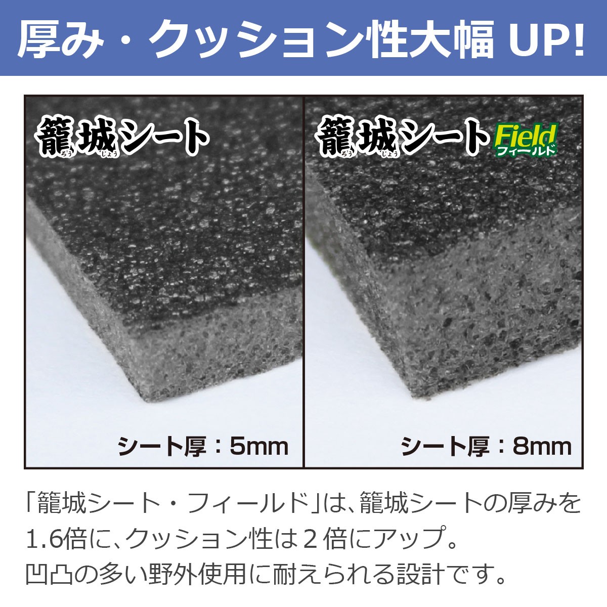 厚み・クッション性大幅ＵＰ！「籠城シート・フィールド」は、籠城シートの厚みを1.6倍に、クッション性は２倍にアップ。凹凸の多い野外使用に耐えられる設計です。