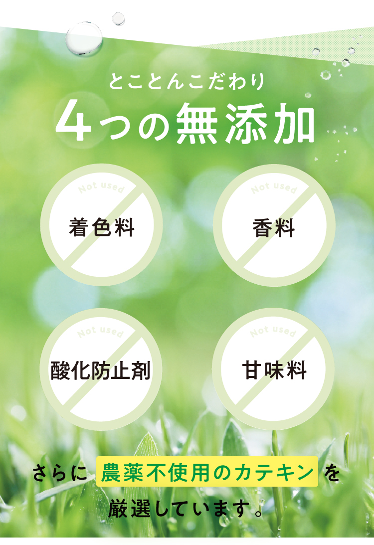 4つの無添加 着色料 香料 酸化防止剤 甘味料 さらに農薬不使用のカテキンを厳選