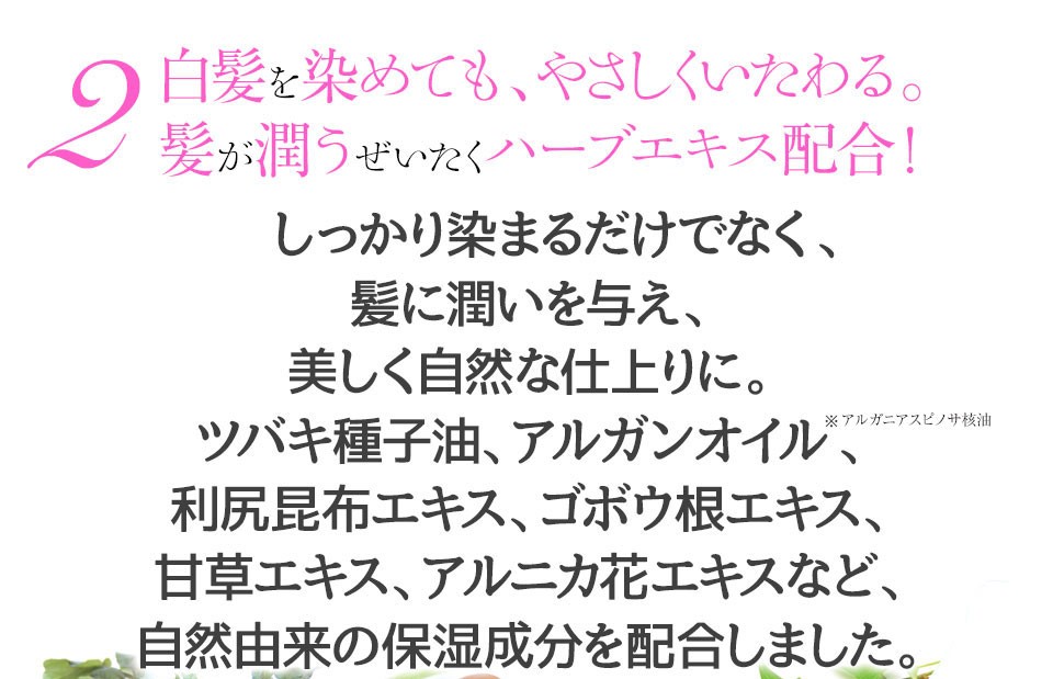 白髪を染めてもやさしく髪をいたわる。ツバキ種子油、アルガンオイル、利尻昆布エキス、ごぼう根エキス、甘草エキスなど自然由来の保湿成分を配合しました。