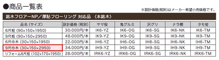 銘木フロアーNP対応　框・巾木　商品一覧